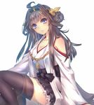  ahoge bad_id bad_pixiv_id bare_shoulders black_legwear blue_eyes breasts brown_hair cleavage kantai_collection kongou_(kantai_collection) long_hair looking_at_viewer medium_breasts shintou solo thighhighs thighs 