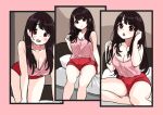  1girl all_fours bed black_hair blush breasts camisole cleavage comodomodo english_commentary holding_own_hair indoors long_hair multiple_views open_mouth original pillow pink_camisole red_eyes red_shorts short_shorts shorts sitting smile thighs 