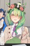  2girls animal_ears antlers blue_hair blunt_bangs blurry bottle brown_cardigan cardigan cat_ears ceres_fauna ceres_fauna_(jirai_kei) depth_of_field detached_sleeves earrings eus_ing flower frills green_hair green_nails grin hair_flower hair_intakes hair_ornament head_wreath hime_cut hololive hololive_english horns jewelry long_hair looking_at_viewer mole mole_under_eye multiple_girls ouro_kronii ouro_kronii_(casual) purple_ribbon ribbon shirt sleeveless sleeveless_shirt smile turtleneck virtual_youtuber water_bottle white_shirt yellow_eyes 