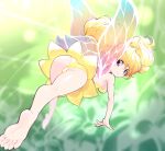  1girl ass bare_shoulders barefoot blonde_hair breasts brown_eyes dress fairy fairy_wings feet flying from_behind insect_wings kneepits legs long_hair looking_back nollety original panties short_dress smile soles solo strapless strapless_dress thighs toes twintails underwear wings yellow_dress 