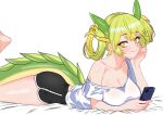  1girl alternate_costume breasts casual cellphone cleavage dragon_girl dragon_horns dragon_tail duel_monster green_hair gym_shorts highres holding holding_phone horns looking_at_viewer lying oldsickkim on_bed on_stomach parlor_dragonmaid phone shirt shorts single_bare_shoulder smartphone solo tail white_shirt yellow_eyes yu-gi-oh! 
