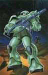  1970s_(style) 1980s_(style) artist_request box_art cable concept_art fleet gun gundam gunpla hangar heat_hawk highres hose machine_gun machinery mecha military mobile_suit mobile_suit_gundam model_kit musai nebula night no_humans o&#039;neill_cylinder official_art one-eyed painting_(medium) promotional_art retro_artstyle robot scan shield shoulder_spikes space spacecraft spikes starry_background traditional_media tube weapon zaku_ii zeon zero_gravity 