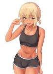  1boy absurdres bare_shoulders black_shorts black_sports_bra blonde_hair bulge dark-skinned_male dark_skin dolphin_shorts earrings fang highres jewelry kurofuro looking_at_viewer midriff navel original otoko_no_ko short_hair short_shorts short_twintails shorts simple_background skin_fang solo sports_bra stomach twintails v_over_eye white_background yellow_eyes 