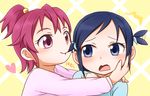  2girls aida_mana blue_hair blush dokidoki!_precure eating_hair embarrassed hair_in_mouth hand_on_another's_cheek hand_on_another's_face happy hishikawa_rikka hug minu mouth_hold multiple_girls pink_hair precure short_hair smile surprised tail tail_wagging upper_body younger 