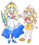  2girls absurdres alternate_costume blonde_hair blue_eyes closed_umbrella crown dress earrings high_heels highres jewelry mario_(series) mario_kart mario_kart_tour multiple_girls orange_shorts princess_daisy princess_peach rakugaki_shitagari-ya sailor_dress short_sleeves shorts sphere_earrings umbrella 