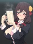  1girl blush bow breasts brown_hair cleavage_cutout clothing_cutout cum cum_in_container cum_in_cup cup drinking_glass hair_between_eyes hair_bow hair_ornament highres kono_subarashii_sekai_ni_bakuen_wo! kono_subarashii_sekai_ni_shukufuku_wo! large_breasts long_hair long_sleeves looking_at_viewer necktie red_eyes ribbon solo tedain yunyun_(konosuba) 