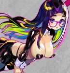  1girl black_skirt blonde_hair blue_hair blush breasts commentary_request covered_nipples glasses green_hair grey_background heart_pasties highres large_breasts long_hair looking_at_viewer meme_attire multicolored_hair onono_imoko original pasties pink-framed_eyewear purple_eyes purple_hair reverse_bunnysuit reverse_outfit skirt solo 