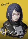  1girl armor black_hair character_name commentary cropped_torso eagle_1_(helldivers) english_commentary english_text haonfest helldivers_(series) medium_hair open_mouth parted_bangs pink_eyes simple_background smile solo teeth upper_teeth_only yellow_background 