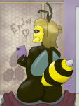 2024 3:4 adrian_(bonebees) antennae_(anatomy) anthro arthropod bee big_butt bonebees butt dark_sclera detailed_background digital_drawing_(artwork) digital_media_(artwork) electronics exoskeleton eyelashes hair heart_symbol hi_res hymenopteran insect looking_at_viewer looking_back male mandibles multicolored_body nude phone purple_eyes selfie shower signature sitting sitting_on_counter smile smiling_at_viewer solo steam stinger thorax towel two_tone_body water wet wet_body wet_hair wings