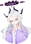  1girl absurdres ahoge alternate_costume black_horns blue_archive blush closed_mouth collarbone demon_horns grey_hair hair_ornament halo highres hina_(blue_archive) horns long_hair long_sleeves looking_at_viewer multiple_horns painterliuhao purple_eyes solo upper_body wide_sleeves 