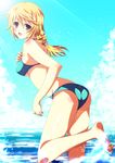  ass barefoot bikini blonde_hair breast_suppress charlotte_dunois highres infinite_stratos ka2 long_hair looking_at_viewer ocean open_mouth ponytail purple_eyes solo swimsuit water 