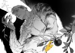  1boy blue_octopus12 branch chimera claws closed_mouth dungeon_meshi food fruit greyscale laios_thorden_(chimera) male_focus monochrome monster_boy short_hair solo spoilers spot_color undercut upper_body yellow_eyes 