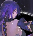  1girl acheron_(honkai:_star_rail) bare_back blue_eyes highres honkai:_star_rail honkai_(series) jazztaki long_hair looking_at_viewer purple_hair single_bare_shoulder solo upper_body very_long_hair 