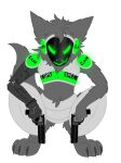 anthro biped bull_squat c.a.m. canid canine canis claws claws_out cybernetic_arm cybernetic_hand cybernetic_limb cybernetics digital_drawing_(artwork) digital_media_(artwork) digitigrade feet finger_claws fingers fluffy fluffy_ears fur glowing glowing_body glowing_eyes green_body green_eyes grey_body grey_fur gun hair handgun holding_object holding_ranged_weapon holding_weapon jackal kytcrafts looking_at_viewer machine male mammal metal metallic_body military neck_tuft pistol pistols prosthetic prosthetic_arm prosthetic_hand prosthetic_limb protogen protogen_armor protogen_face protogen_visor protogenized ranged_weapon revolver robotic robotic_arm robotic_hand robotic_limb screen screen_face smile solo special_forces standing toe_claws toes tuft weapon yuri_chacal