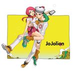  1girl black_hair cellphone dixie_cup_hat flower green_eyes hair_bobbles hair_ornament hat higashikata_jousuke_(jojolion) highres hirose_yasuho iphone jojo_no_kimyou_na_bouken jojolion lipstick makeup military_hat phone pink_hair sailor shoes skysky0801 smartphone sneakers 