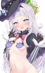  :d black_gloves black_hat bottomless breasts brown_eyes censored censored_nipples cocozasa fang gloves hat heart heart-shaped_pupils hololive long_hair long_sleeves looking_at_viewer murasaki_shion murasaki_shion_(1st_costume) navel novelty_censor small_breasts smile striped_sleeves symbol-shaped_pupils virtual_youtuber white_hair witch_hat 