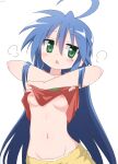  1girl absurdres ahoge averting_eyes blue_hair blush breasts clothes_lift cynical_(llcbluckg_c004) green_eyes highres izumi_konata lifted_by_self long_hair lucky_star mole mole_under_eye navel nipples open_mouth red_shirt shirt shirt_lift shorts signature small_breasts solo steam undressing white_background yellow_shorts 