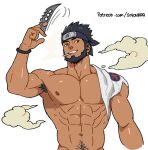  1boy abs armpit_hair bara beard black_hair cigarette facial_hair forehead_protector highres holding holding_weapon large_pectorals male_focus mature_male muscular muscular_male naruto_(series) naruto_shippuuden navel nipples pectorals sarutobi_asuma short_hair smile solo suyohara teeth upper_body weapon 