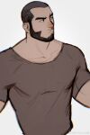  1boy bara beard buzz_cut cropped_torso facial_hair full_beard highres looking_to_the_side male_focus mature_male muscular muscular_male mustache_stubble original pectorals powerlesssong receding_hairline red_nose shirt short_hair solo stubble t-shirt thick_eyebrows tsurime v-shaped_eyebrows very_short_hair 