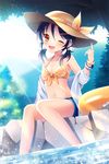  ;d bikini_top black_hair brown_eyes front-tie_top hair_ornament hairclip hat mauve navel one_eye_closed open_clothes open_mouth open_shirt rico_(sword_girls) shirt short_hair shorts sitting smile soaking_feet solo sword_girls water 