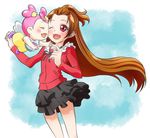  ai-chan_(dokidoki!_precure) baby black_skirt blue-fin brown_hair dokidoki!_precure floating frilled_skirt frills half_updo happy long_hair madoka_aguri multiple_girls open_mouth pink_hair precure red_eyes ribbon skirt smile 