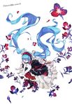  7th_dragon_(series) 7th_dragon_2020 7th_dragon_2020-ii bad_id bad_pixiv_id blue_hair character_name closed_eyes floating_hair flowaro flower hand_on_own_chest hatsune_miku headphones long_hair solo thighhighs twintails very_long_hair vialize vocaloid white_background 