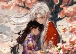 1boy 1girl black_hair blush brown_eyes cherry_blossoms closed_mouth cloud cloudy_sky facial_tattoo falling_petals floating_hair glowing glowing_eyes hair_tie han&#039;you_no_yashahime hand_on_another&#039;s_arm hetero hug inuyasha japanese_clothes kawacy kimono long_hair looking_at_another looking_to_the_side parted_bangs parted_lips petals pointy_ears purple_kimono red_kimono rin_(inuyasha) sesshoumaru sidelocks sky tattoo teeth tree upper_teeth_only white_hair wind yellow_eyes 