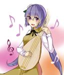  ariadoszz bad_hands biwa_lute hair_ornament instrument long_hair lute_(instrument) music musical_note open_mouth playing_instrument purple_eyes purple_hair solo touhou tsukumo_benben twintails 