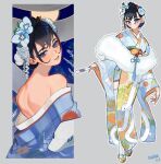  1girl back bare_shoulders blue_eyes blue_flower blue_hair blue_kimono blue_nails blush eus_ing floral_print floral_print_kimono flower folding_fan full_body fur_scarf hair_bun hair_flower hair_intakes hair_ornament hand_fan highres holding holding_fan hololive hololive_english japanese_clothes kanzashi kimono looking_at_viewer looking_back nail_polish new_year obi off_shoulder official_alternate_costume ouro_kronii ouro_kronii_(new_year) print_kimono sash short_hair single_hair_bun smile snake_print thighhighs virtual_youtuber white_thighhighs wide_sleeves yellow_sash 