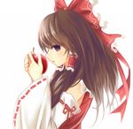  apple bad_apple!! bad_id bad_pixiv_id bow brown_eyes brown_hair detached_sleeves food fruit hair_bow hakurei_reimu highres open_mouth solo touhou white white_background x&amp;x&amp;x 