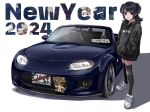  1girl 2024 black_hair black_hoodie black_thighhighs drawstring flat_chest hands_in_pocket happy_new_year highres hood hood_down hoodie license_plate long_hair looking_at_viewer mazda mazda_mx-5 mazda_mx-5_nc mugi_(marineblue134) original parted_lips shadow shoes smile sneakers solo thighhighs two_side_up vehicle_focus white_background white_footwear 
