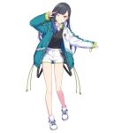  1girl aqua_jacket black_hair black_shirt blue_hair earrings full_body gradient_hair grin hair_ornament hairclip headphones headphones_around_neck highres jacket jewelry long_hair looking_at_viewer multicolored_clothes multicolored_hair multicolored_jacket non-web_source official_art one_eye_closed orange_eyes project_sekai salute shiraishi_an shirt shoes shorts smile sneakers solo tachi-e transparent_background two-finger_salute white_footwear white_jacket white_shorts 