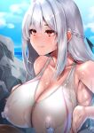  1girl andou_you blue_sky braid breasts breasts_squeezed_together closed_mouth collarbone competition_swimsuit covered_nipples grey_hair grey_one-piece_swimsuit large_breasts long_hair ocean one-piece_swimsuit original red_eyes sidelocks sky swimsuit upper_body wet wet_clothes wet_swimsuit 