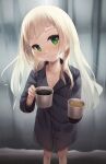  1girl alternate_costume black_shirt blonde_hair blush breasts cleavage coffee_cup cup disposable_cup green_eyes holding holding_cup lillie_(pokemon) long_hair looking_at_viewer oren_(770len) pokemon pokemon_sm shirt small_breasts smile solo 