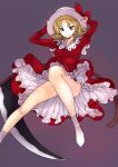  1girl black_panties closed_mouth commentary curly_hair dress drill_hair drill_sidelocks elly_(touhou) hands_on_headwear highres kakone long_sleeves looking_at_viewer orange_eyes panties red_dress scythe sidelocks solo touhou touhou_(pc-98) underwear 