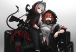  2girls absurdres antenna_hair arknights black_jacket black_pantyhose commentary commission couch crownslayer_(arknights) demon_horns demon_tail english_commentary gradient_background grenade_launcher grey_background grey_shirt highres hood hooded_jacket horns jacket looking_at_viewer looking_back mask material_growth multiple_girls myb52 orange_eyes orange_hair oripathy_lesion_(arknights) pantyhose pixiv_commission red_eyes red_hair shirt sitting sitting_on_lap sitting_on_person tail torn_clothes torn_pantyhose upper_body w_(arknights) weapon 