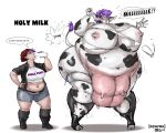 2021 4_fingers absurd_res anthro before_and_after belt big_breasts body_size_growth boots bottomwear bovid bovine breast_expansion breasts cattle clothing dialogue digital_media_(artwork) drinking_milk english_text expansion eyewear female fingers footwear glasses growth hair hi_res holding_milk_bottle hooves horn horn_growth huge_breasts human human_to_anthro looking_down mammal milk navel nipples okayokayokok open_mouth overweight purple_hair shocked short_hair shorts simple_background size_transformation solo species_transformation standing tail tail_growth teats text torn_clothing transformation udder_growth udders weight_gain white_background