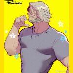  1boy adam&#039;s_apple bara beard_stubble facial_hair hair_over_one_eye knuckle_hair male_focus mature_male muscular muscular_male original pectorals powerlesssong profile solo sparse_arm_hair stubble upper_body yellow_background 