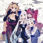 2024 4girls :d absurdres alternate_costume arms_around_neck baobhan_sith_(fate) barghest_(fate) black_bow black_gloves blonde_hair blue_bow blue_eyeliner blue_eyes blue_lips blue_nails blue_tassel bow braid breasts chinese_clothes claw_pose cleavage cloud_background cloud_print commentary_request detached_sleeves double_bun eyeliner fang fate/grand_order fate_(series) floral_print flower gloves gradient_hair green_eyes grey_eyes grey_hair hair_bow hair_bun hair_flower hair_intakes hair_ornament hanfu heterochromia highres long_sleeves looking_at_another looking_at_viewer makeup melusine_(fate) morgan_le_fay_(fate) multicolored_hair multiple_girls musical_note noa_pisces open_mouth pointy_ears red_eyeliner red_eyes red_hair side_ponytail sidelocks sideways_glance simple_background skin_fang smile speech_bubble spoken_musical_note tassel white_background wide_sleeves yellow_eyes yellow_tassel 