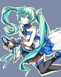  7th_dragon_(series) 7th_dragon_2020 aqua_eyes aqua_hair hatsune_miku highres long_hair looking_at_viewer nouraku simple_background skirt smile solo thighhighs twintails very_long_hair vocaloid 