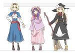  3girls absurdres alice_margatroid black_dress black_hat black_jacket blonde_hair blue_capelet blue_eyes blue_skirt bow broom brown_footwear capelet dress full_body hat hat_bow highres holding holding_broom hood hooded_capelet jacket kawayabug kirisame_marisa long_hair long_sleeves multiple_girls patchouli_knowledge pink_capelet pink_dress pink_hood purple_eyes purple_hair scarf short_hair sidelocks simple_background skirt smile standing touhou very_long_hair white_background white_bow yellow_eyes yellow_scarf 