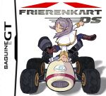  1girl capelet elf frieren go-kart green_eyes highres long_hair long_sleeves looking_at_viewer mario_(series) mario_kart motor_vehicle parted_bangs pointy_ears saguinee solo sousou_no_frieren standard_kart_(mario) twintails white_capelet 