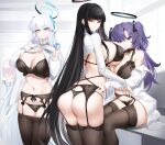  4girls ass back black_bra black_hair black_panties black_pantyhose black_thighhighs blue_archive blue_necktie blunt_bangs bra breasts casul cleavage commentary english_commentary garter_belt garter_straps hair_between_eyes hair_ornament halo hands_up highres huge_breasts indoors koyuki_(blue_archive) large_breasts lingerie long_hair long_sleeves looking_at_viewer mechanical_halo multiple_girls navel necktie no_pants noa_(blue_archive) panties pantyhose pink_eyes purple_eyes purple_hair red_eyes rio_(blue_archive) shirt sitting smile standing sweater thighhighs thighs turtleneck turtleneck_sweater two_side_up underwear undressing very_long_hair white_hair white_shirt white_sweater yuuka_(blue_archive) 