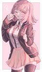  1girl brown_jacket brown_shirt brown_skirt brown_thighhighs collared_shirt cowboy_shot danganronpa_(series) danganronpa_2:_goodbye_despair dress_shirt drooling highres hood hood_down hooded_jacket ibushi_(kuyuru_29) jacket long_sleeves medium_hair miniskirt nanami_chiaki neck_ribbon open_clothes open_jacket pink_ribbon pleated_skirt ribbon shirt shirt_tucked_in skirt solo spaceship_hair_ornament thighhighs white_shirt 