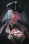  1girl artist_name black_coat black_hat blood blood_on_face blood_splatter blue_hair breasts chest_strap cleavage cleavage_cutout clothing_cutout coat collar commission eyelashes fangs fur-trimmed_coat fur_trim grey_collar hat highres indie_virtual_youtuber long_hair milkie_(vtuber) parted_lips peaked_cap pluvio solo upper_body virtual_youtuber yellow_eyes 