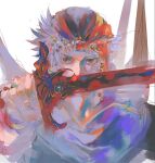  1boy arm_up bandana beads brown_eyes cape commentary covered_mouth final_fantasy final_fantasy_ii firion forehead_jewel gem grey_hair hair_beads hair_ornament holding holding_sword holding_weapon jewelry looking_at_viewer male_focus multiple_rings red_gemstone ring serious short_hair sketch skraksff solo sword upper_body weapon white_background 