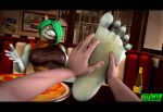 3d_(artwork) absurd_res ambiguous_gender anthro border caryll_(chappey) celdwyn_(artist) claws clothed clothing colored_claws digital_media_(artwork) diner feet feet_on_table female first_person_view food foot_fetish foot_focus foot_rub hi_res human humanoid humanoid_feet lizard mammal petruz_(copyright) pizza plantigrade reptile restaurant scalie source_filmmaker watermark