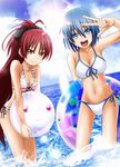  :d bad_id bad_pixiv_id ball beachball bikini blue_eyes blue_hair breasts cleavage front-tie_top highres innertube kuromayu kyubey long_hair mahou_shoujo_madoka_magica medium_breasts miki_sayaka multiple_girls navel ocean open_mouth ponytail red_eyes red_hair sakura_kyouko shiny shiny_skin short_hair side-tie_bikini smile sun swimsuit v wading water 