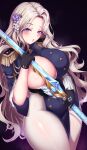  1girl absurdres aiguillette black_gloves black_jacket blonde_hair blue_eyes blush bodysuit breasts brown_dust_(series) brown_dust_2 chu.n cleavage commentary covering_breasts covering_privates cowboy_shot darian_silverstein epaulettes flower gloves hair_flower hair_ornament highres holding holding_sword holding_weapon jacket jewelry large_breasts long_hair long_sleeves looking_at_viewer military_jacket military_uniform parted_hair parted_lips pelvic_curtain revealing_clothes ring solo standing steam sword very_long_hair weapon white_bodysuit 