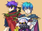  artist_request blue_eyes blue_hair cape fire_emblem fire_emblem:_monshou_no_nazo fire_emblem:_souen_no_kiseki galaxia_(sword) gloves headband height_difference ike kirby_(series) marth mask meta_knight multiple_boys sepia_background simple_background super_smash_bros. sword tiara weapon 